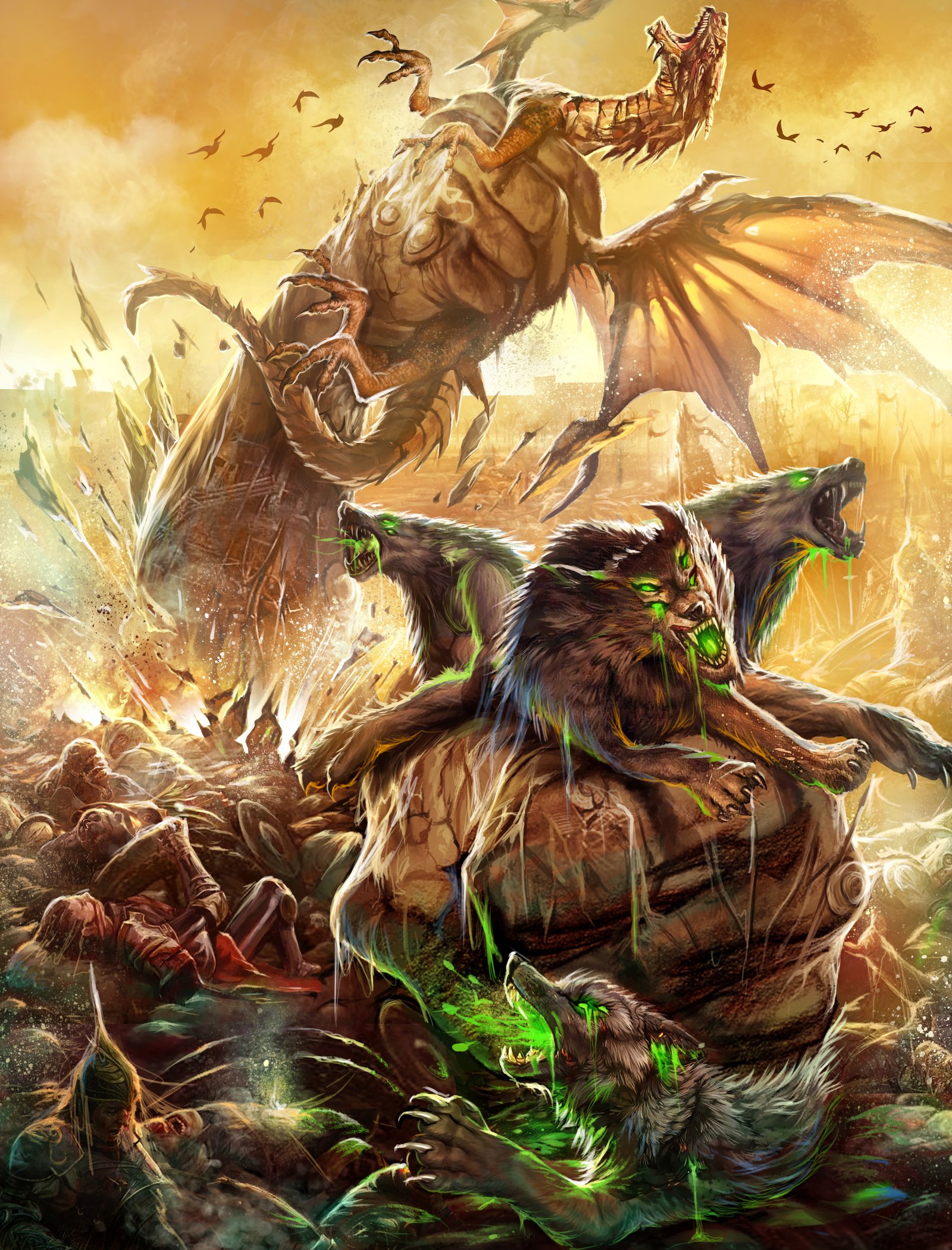Key art of a winged beast and green-lit wolves over a battlefield