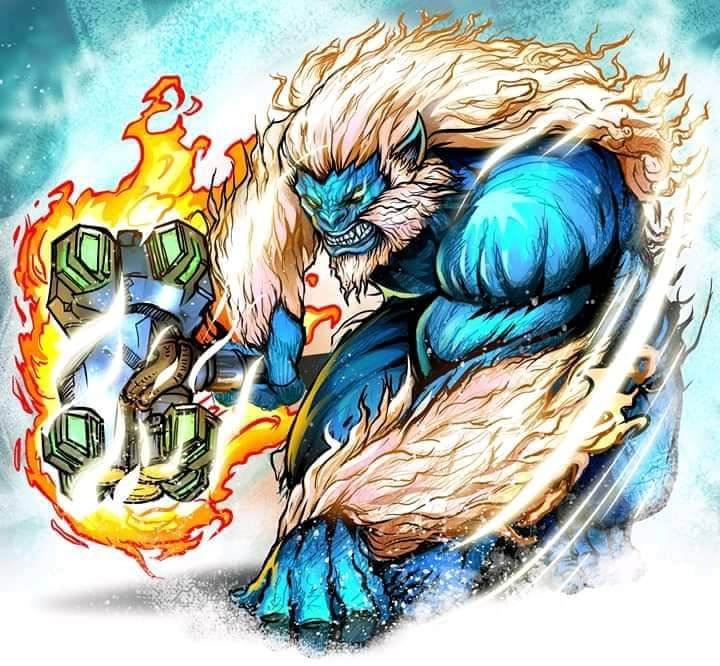 Inked and coloured yeti brawler with a flaming gauntlet