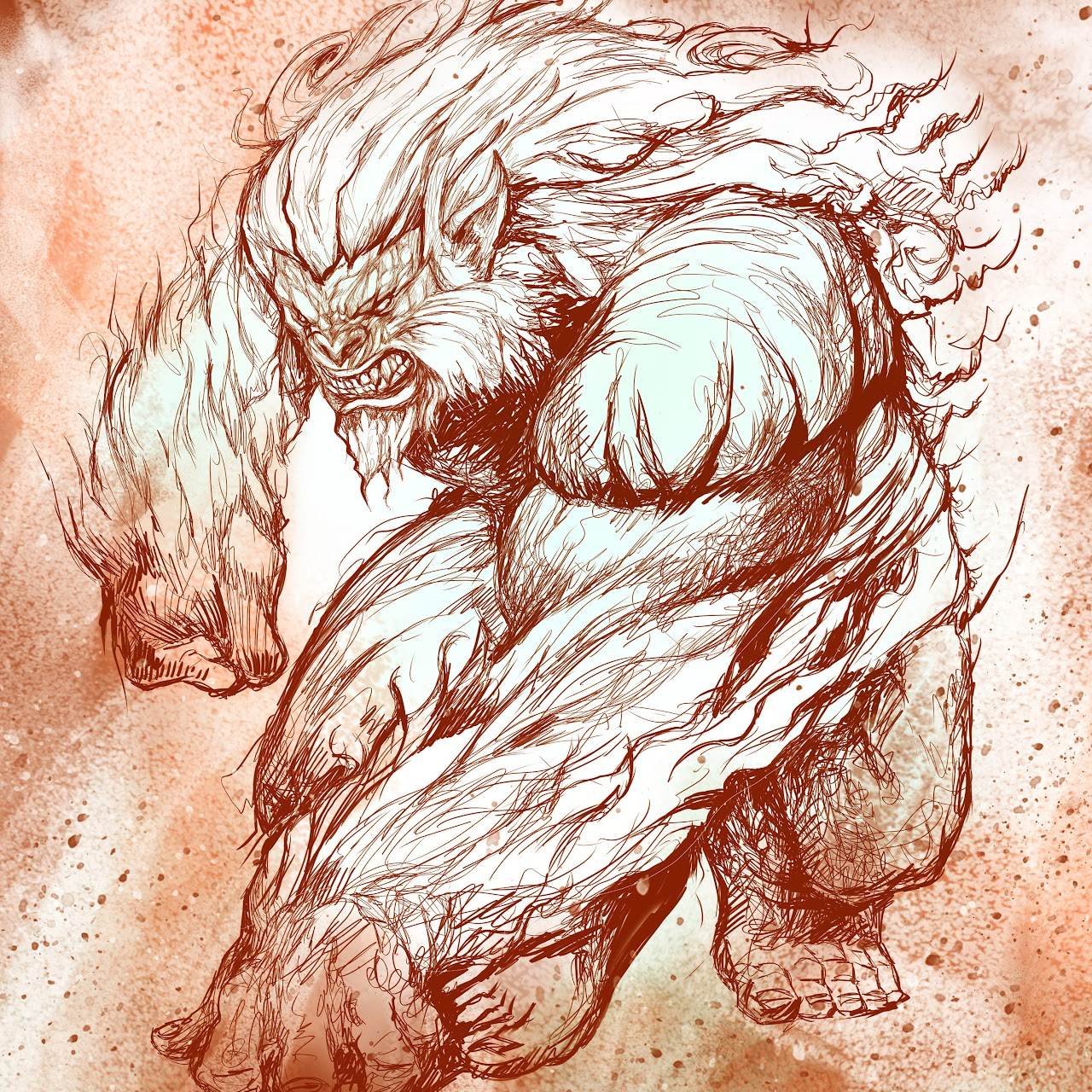 Loose red-line sketch of the same yeti brawler