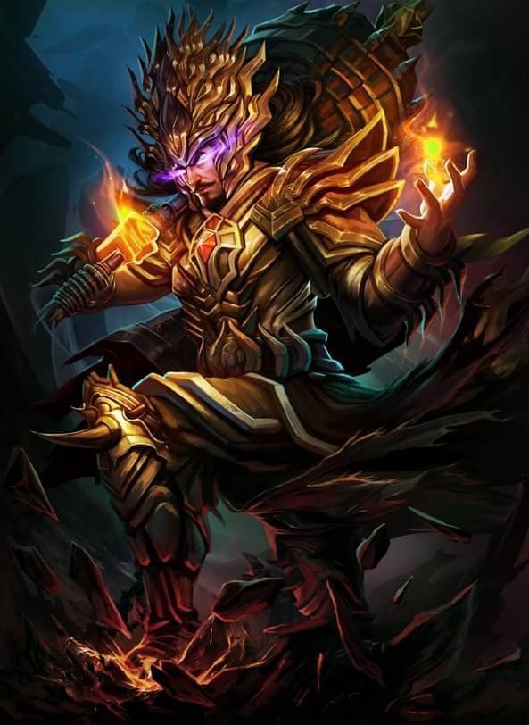 Golden-armoured warrior wielding fire in a cavern