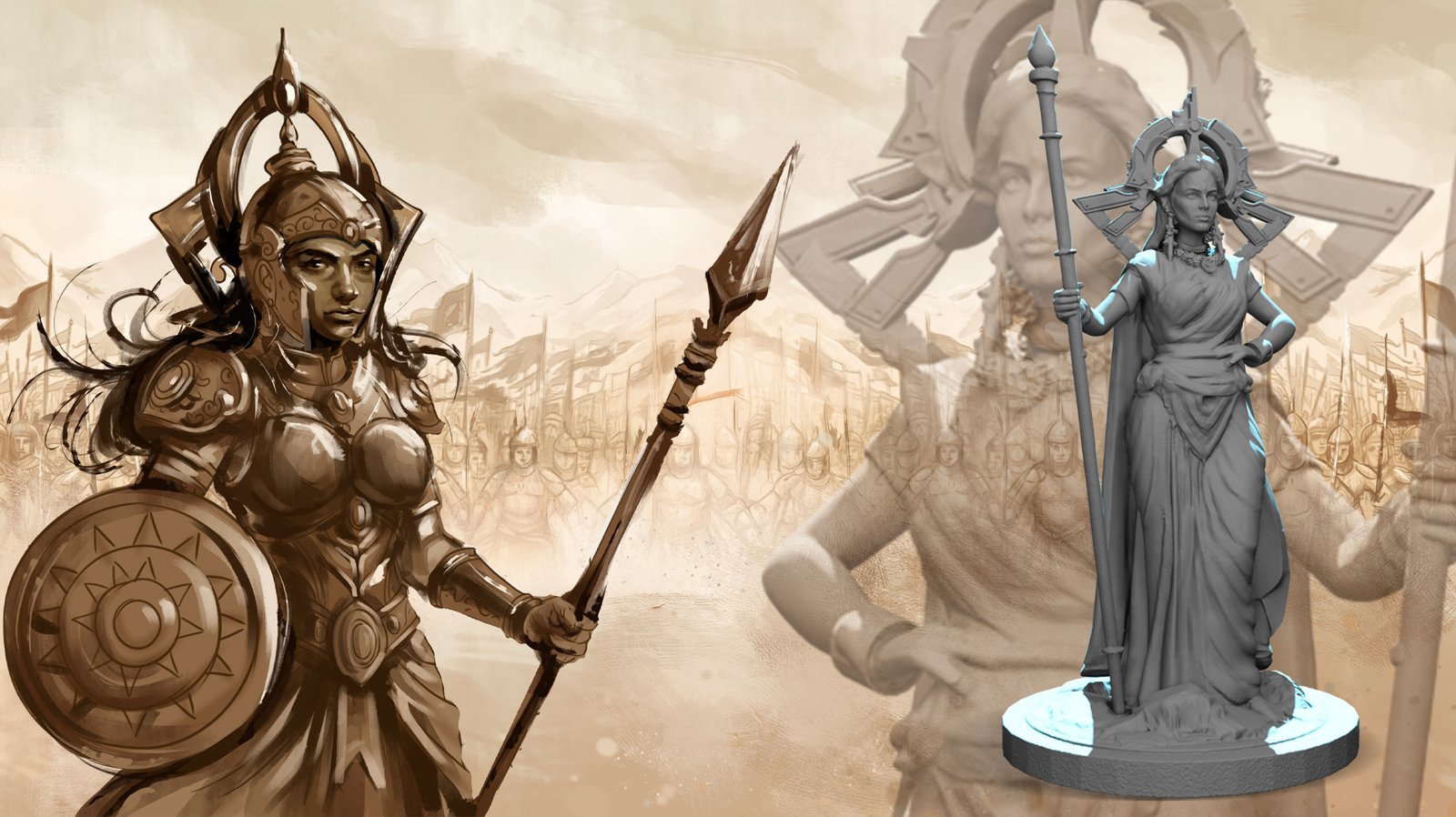 Shielded warrior keyframe beside the finished sculpt