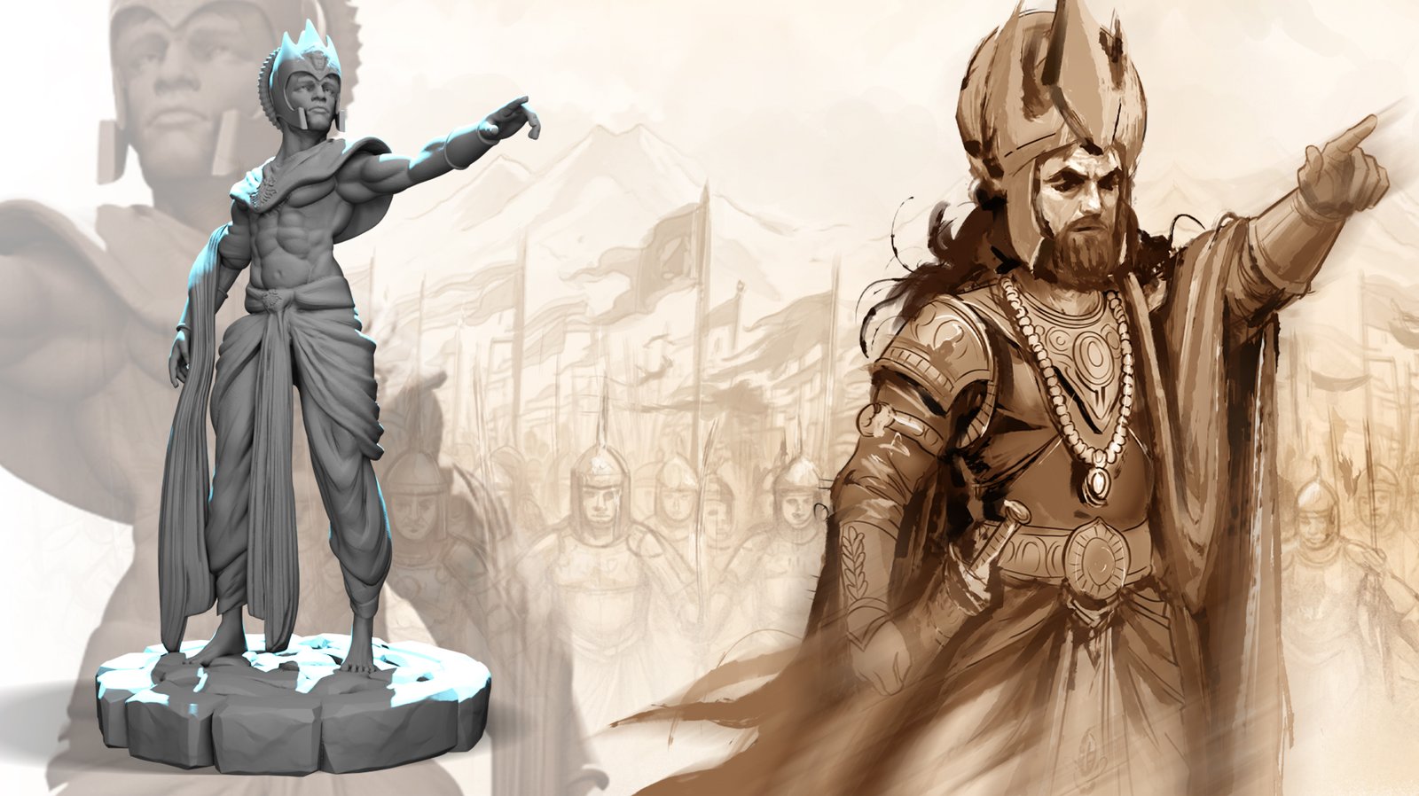 Warrior king concept art beside its 3D sculpt