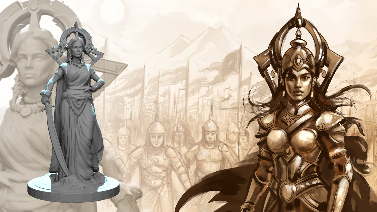 Armoured heroine concept art beside its 3D sculpt