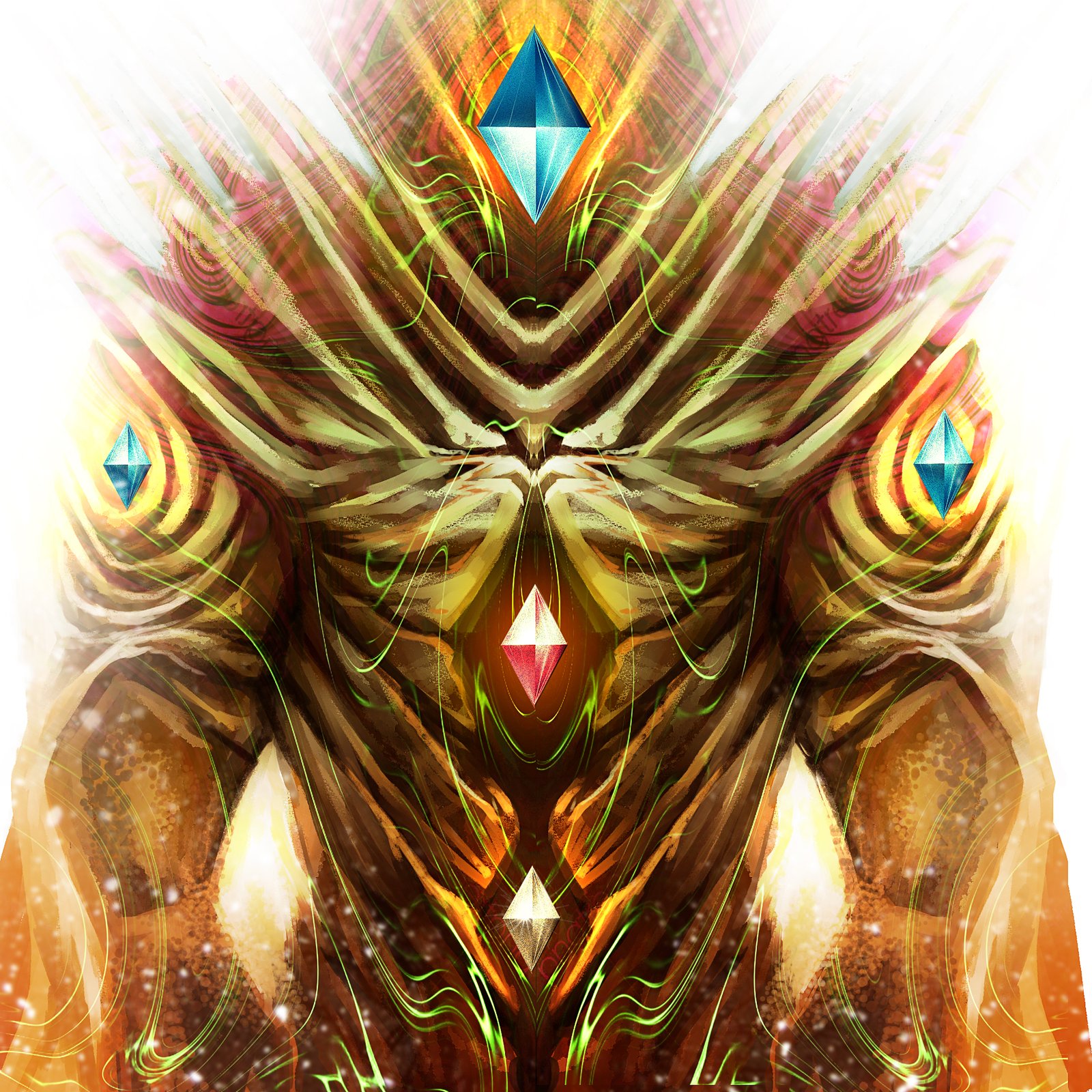 Symmetrical crystal-cored titan rendered in gold and green