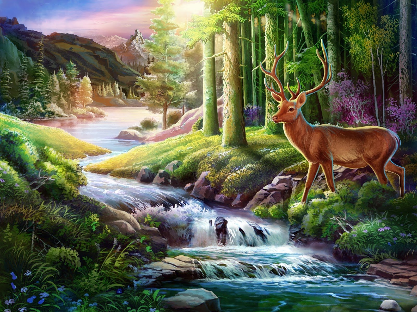 Painted forest clearing with a stag beside a stream