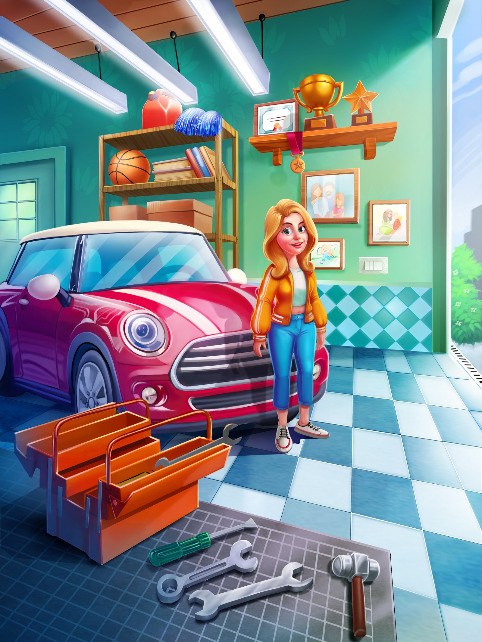 Stylised garage interior scene with a character and toolbox