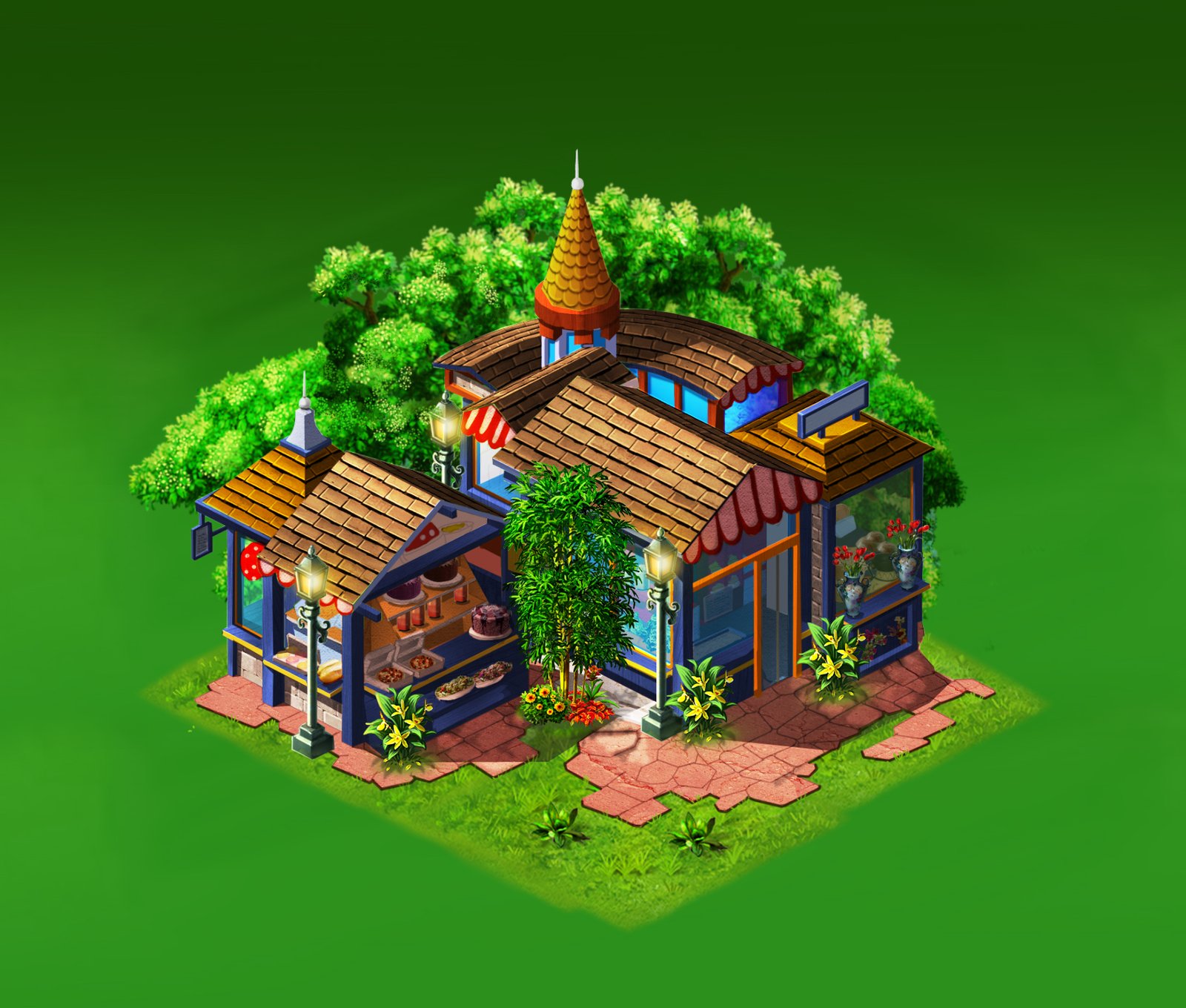 Isometric bakery and flower shop with awnings