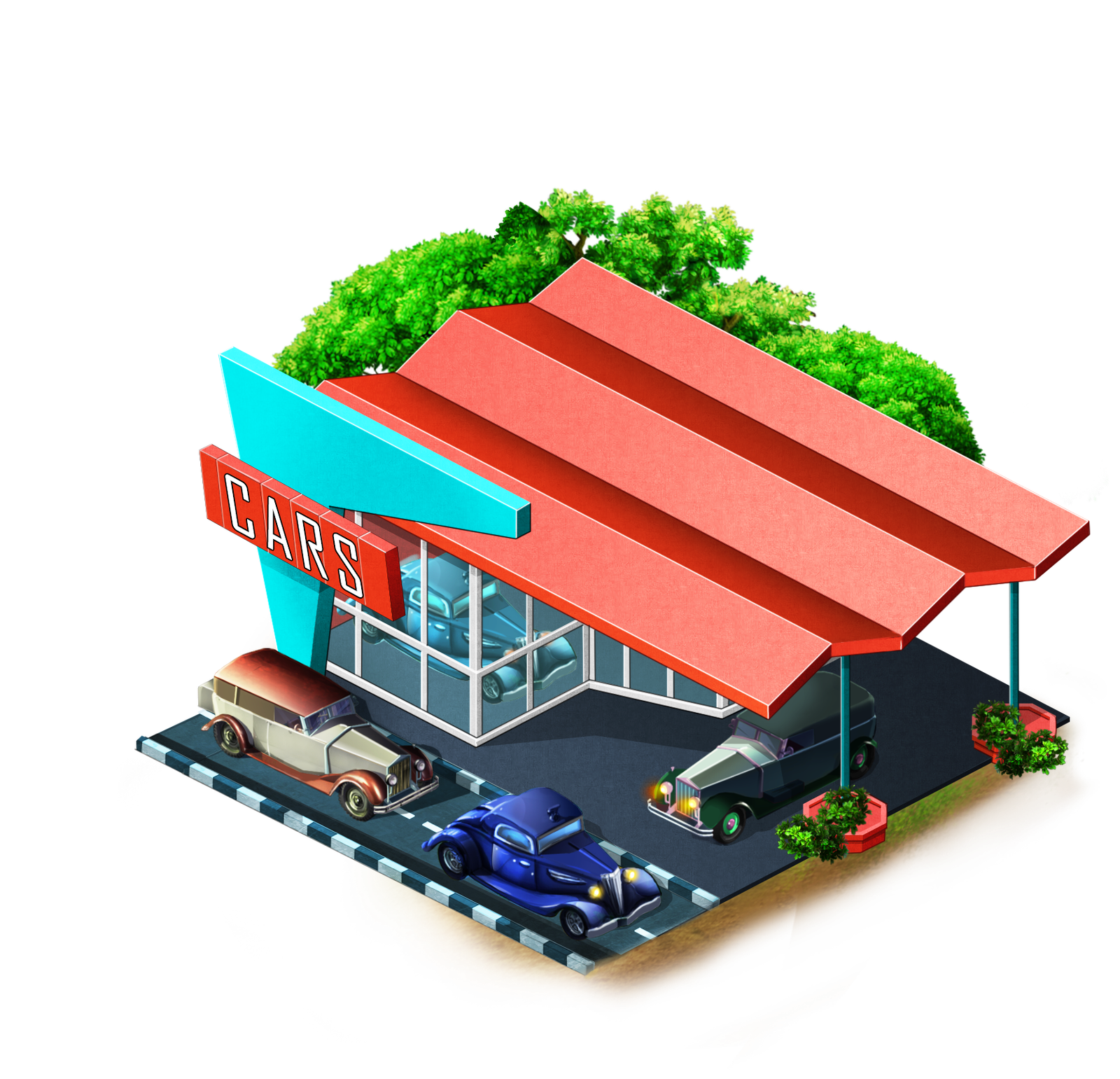 Isometric mid-century car dealership with vintage cars