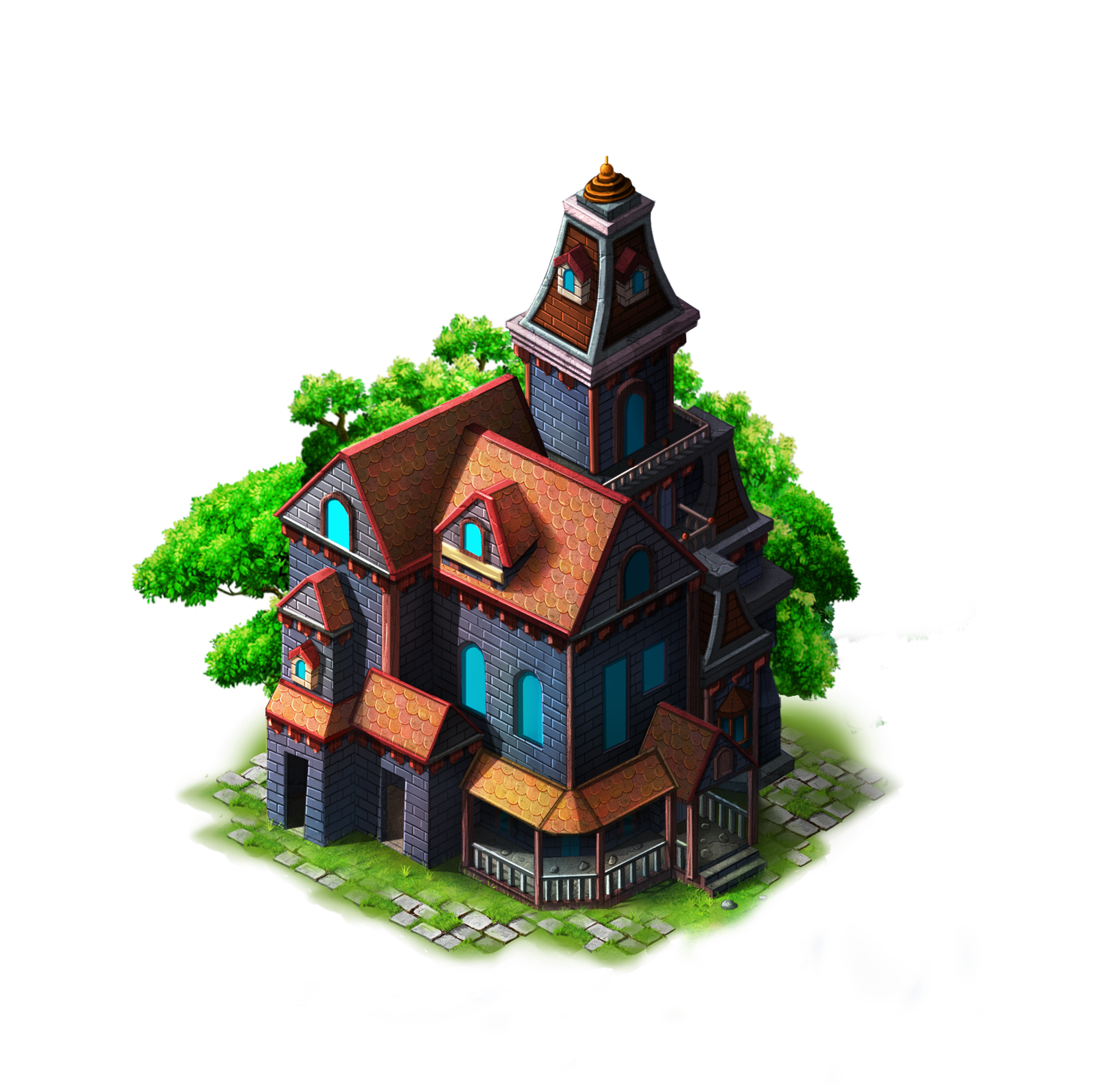 Isometric grey stone manor with clock tower