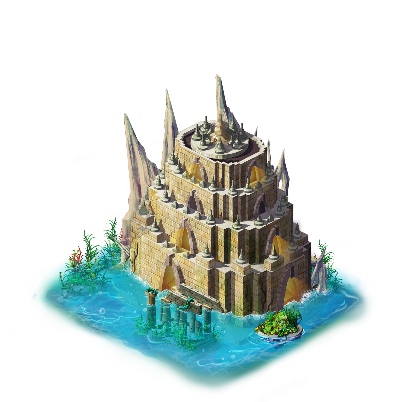 Isometric stepped stone temple surrounded by water