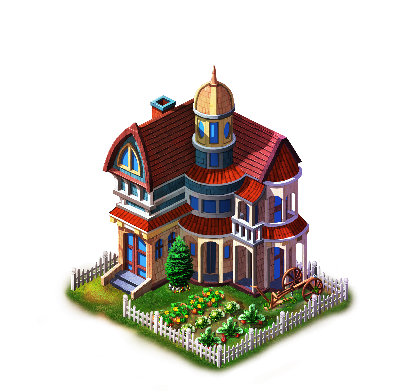 Isometric red-roofed villa with picket fence and vegetable garden