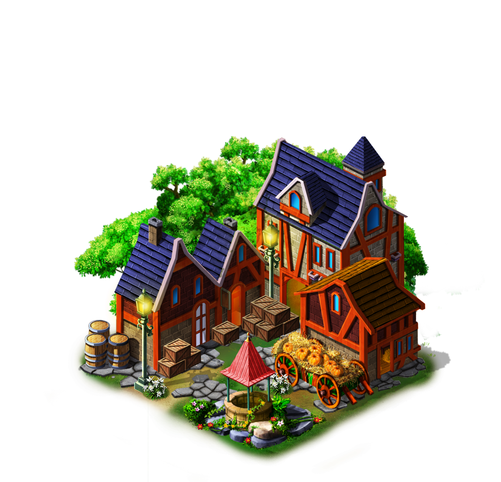 Isometric medieval village with well, cart and barrels